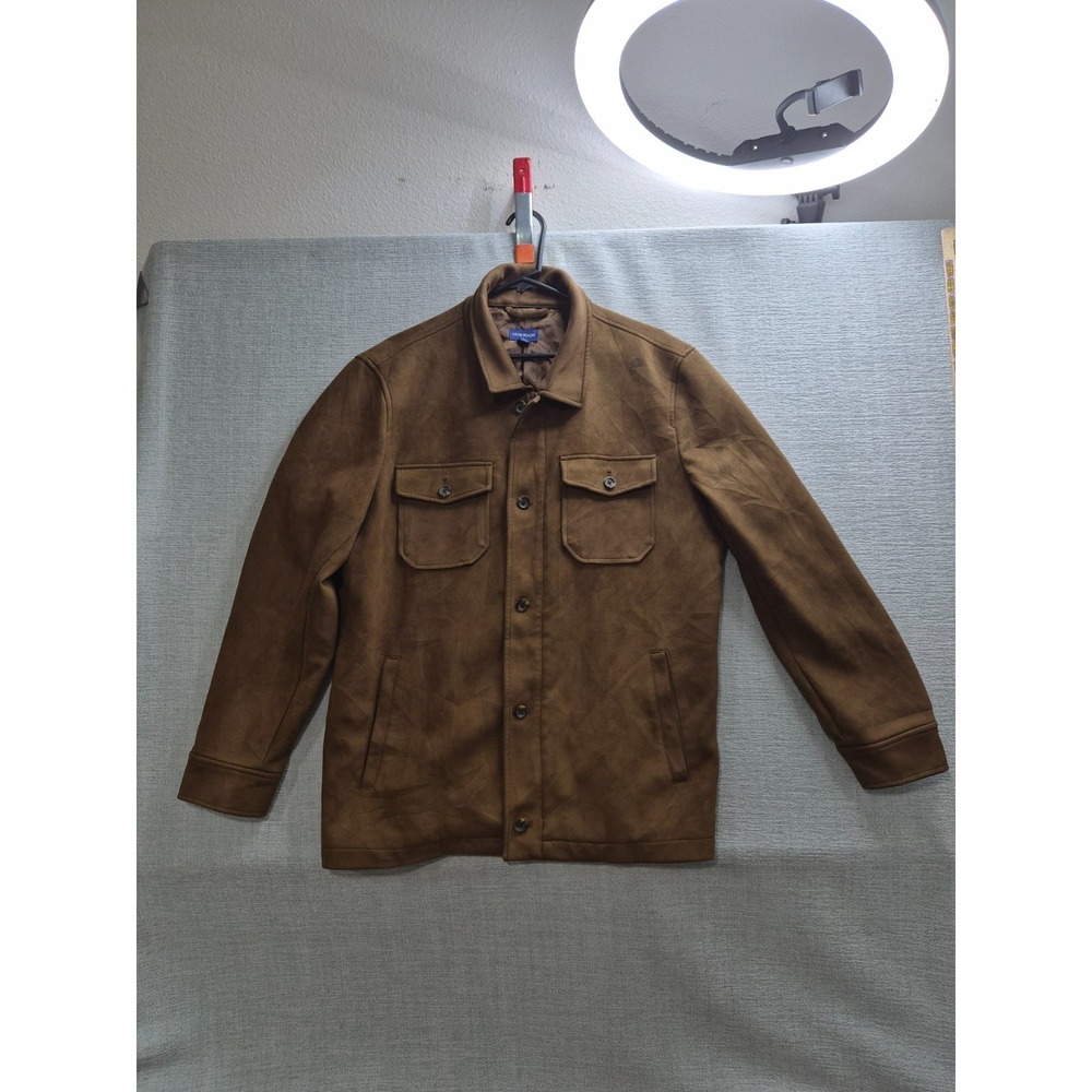 Club Room Faux Suede Jacket Mens L Brown Stretch Dual Flap Pockets Long Sleeve